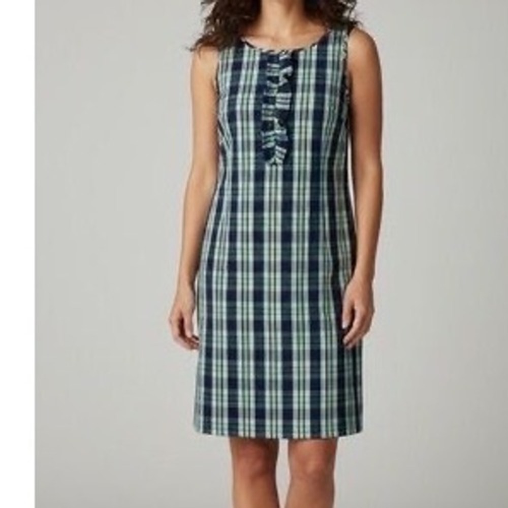 Talbots Womens Plaid Ruffle Front Sleeveless Sheath Dress Holiday Heritage 14